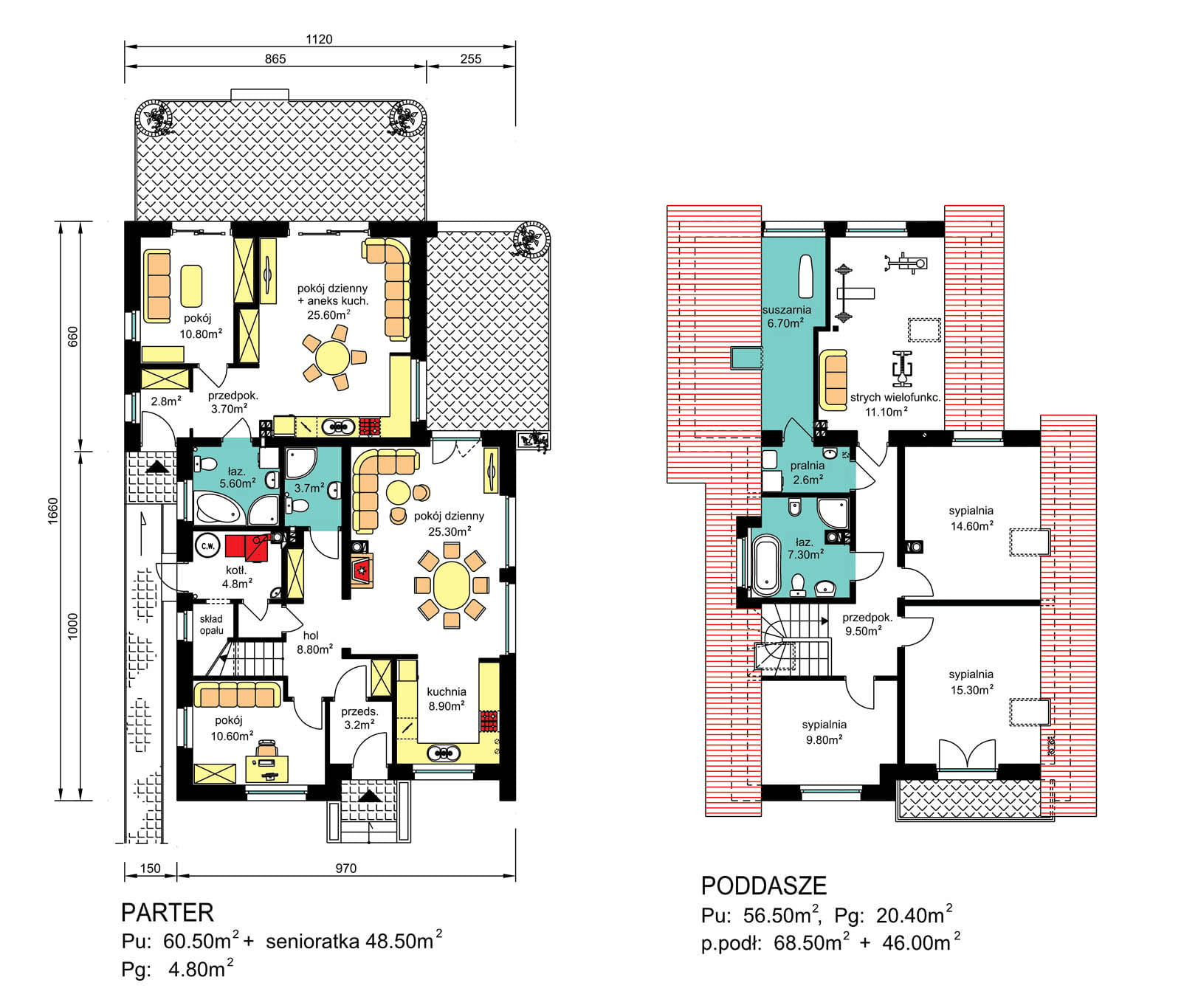 Rzuty parter/poddasze domu BS-56 dwulokalowy wariant ogrzewanie paliwo stałe