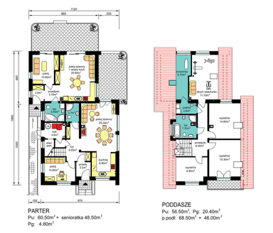 Rzuty parter/poddasze domu BS-56 dwulokalowy wariant ogrzewanie paliwo stałe