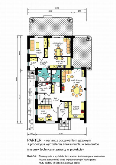 Rzut parteru domu BS-56 dwulokalowy wariant z ogrzewanie gazowym