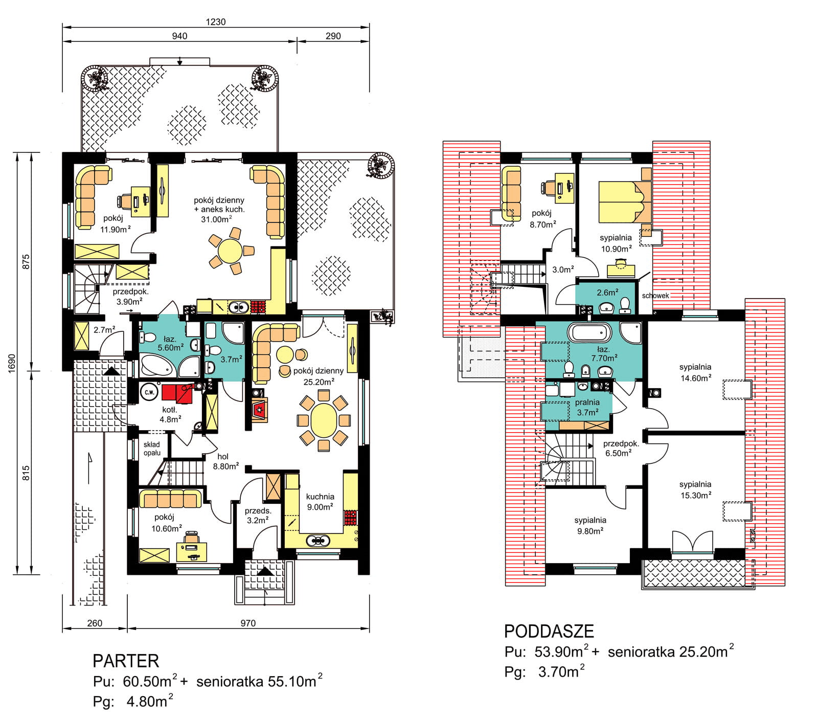 Rzuty parter/poddasze domu BS-56 wariant 1 dwulokalowy z wariantem na paliwo stałe