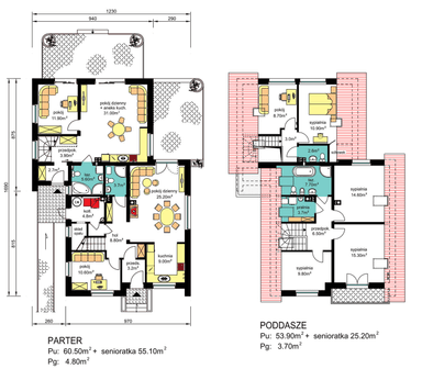 Rzuty parter/poddasze domu BS-56 wariant 1 dwulokalowy z wariantem na paliwo stałe