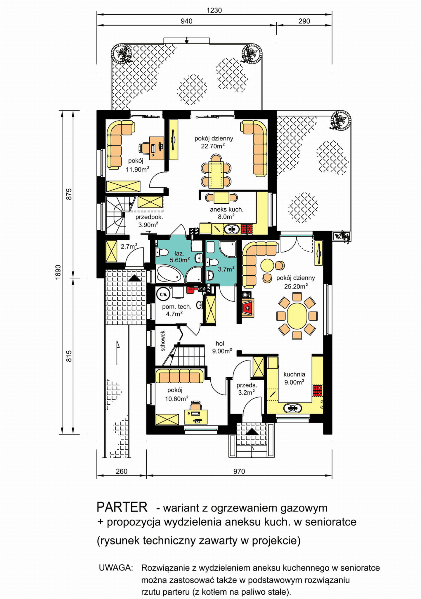 Rzut parteru domu BS-56 wariant 1 dwulokalowy z ogrzewaniem gazowym