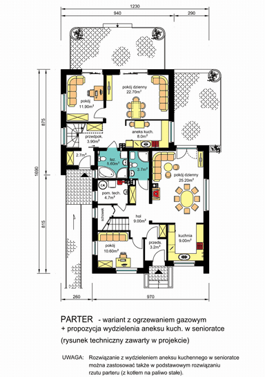 Rzut parteru domu BS-56 wariant 1 dwulokalowy z ogrzewaniem gazowym