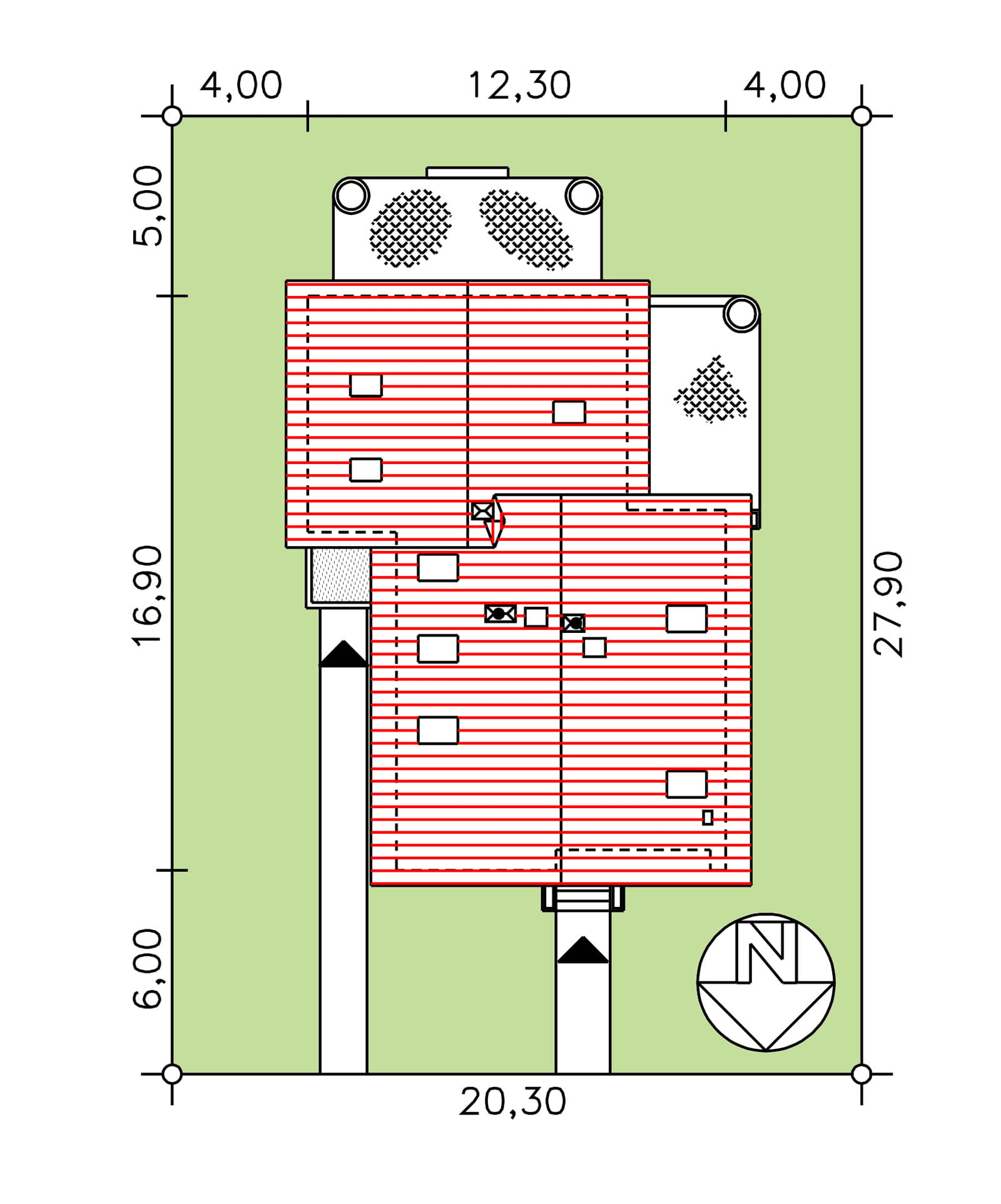 Rzut usytuowania domu BS-56 wariant 1 dwulokalowy na działce