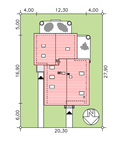 Rzut usytuowania domu BS-56 wariant 1 dwulokalowy na działce