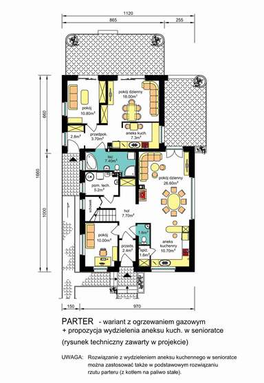 Rzut parteru domu BS-56 wariant 2 dwulokalowy z ogrzewaniem gazowym