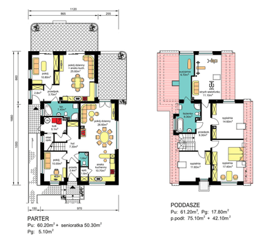 Rzuty parter/poddasze domu BS-56 wariant 2 dwulokalowy z wariantem na paliwo stałe