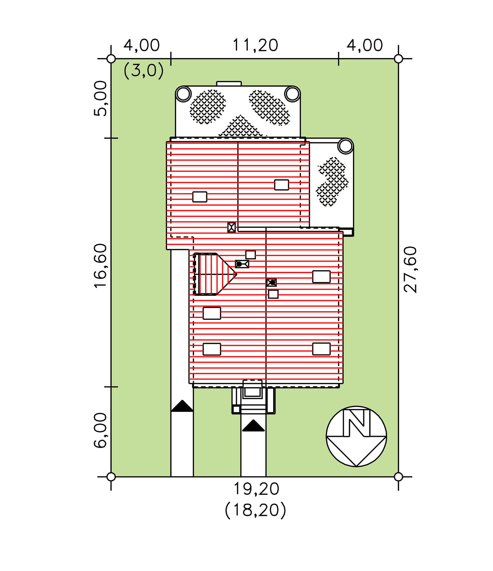 Rzut usytuowania domu BS-56 wariant 2 dwulokalowy na działce