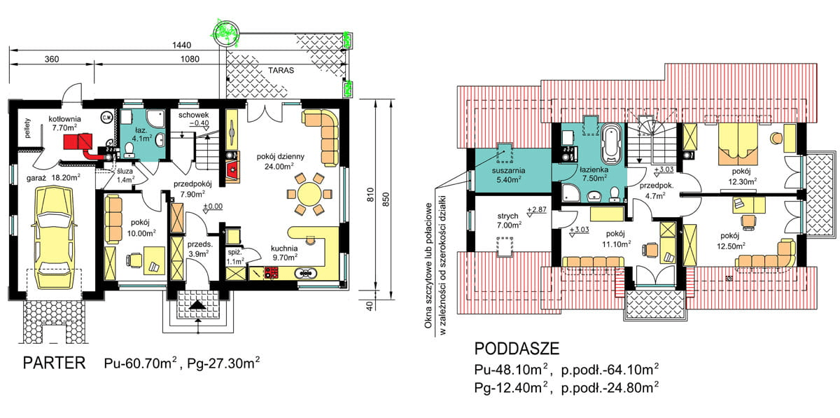 Rzuty parter/poddasze domu jednorodzinnego BW-03 wariant 3