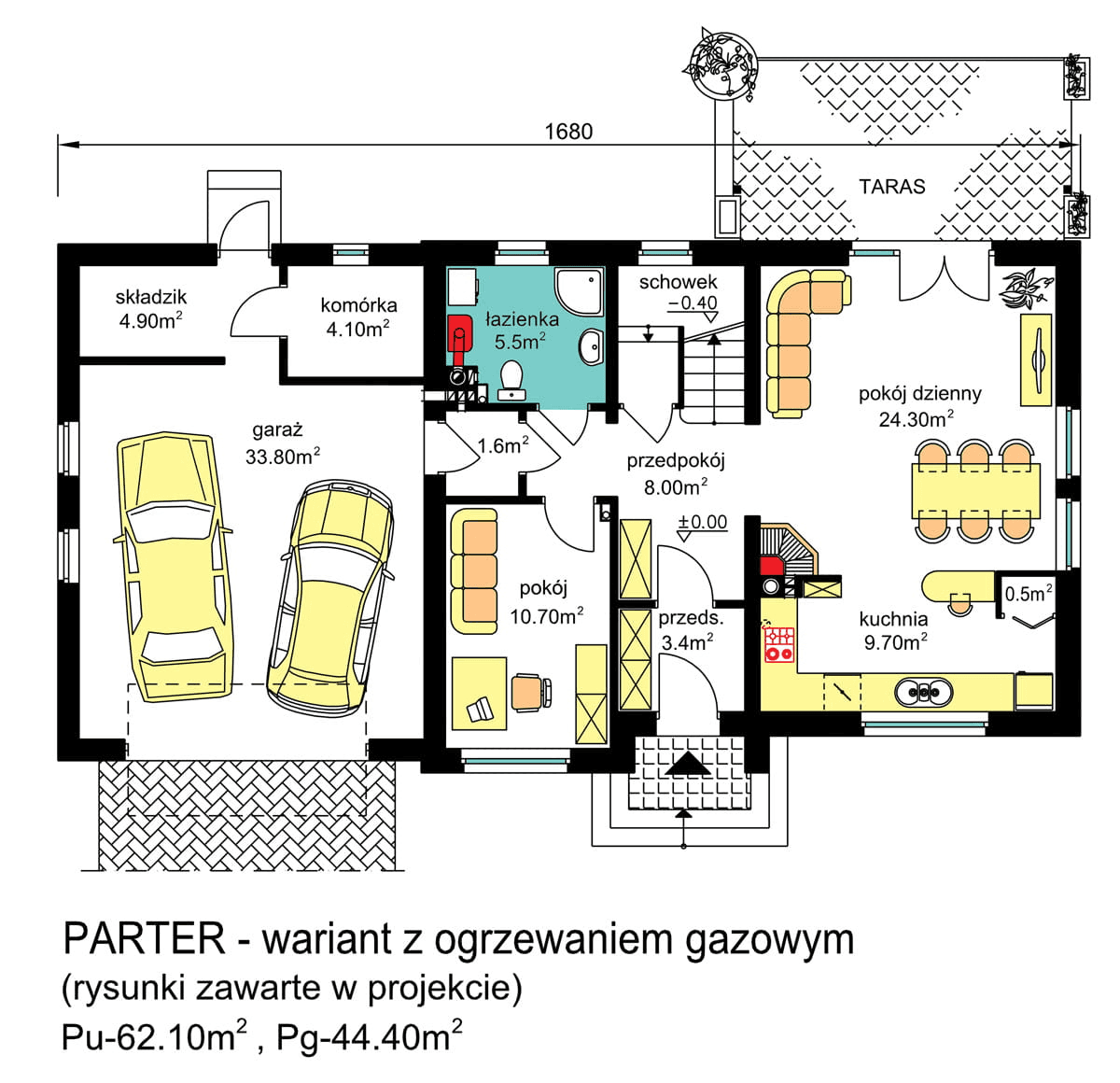 Rzut parteru domu jednorodzinnego BW-03 wariant 5 ogrzewanie gazowe