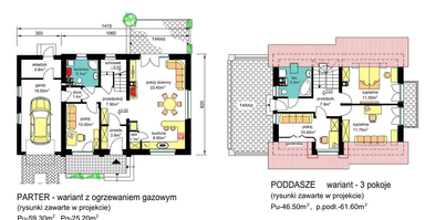 Rzuty parter/poddasze domu jednorodzinnego BW-03 wariant 6 ogrzewanie gazowe 3 pokoje