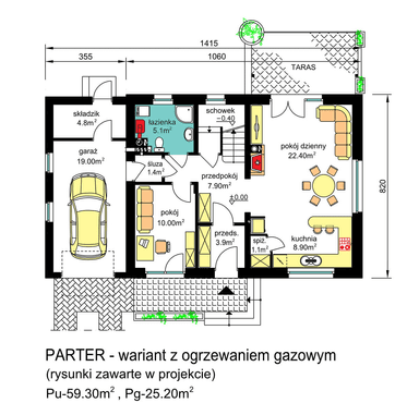 Rzut parteru domu jednorodzinnego BW-03 wariant 7 ogrzewanie gazowe