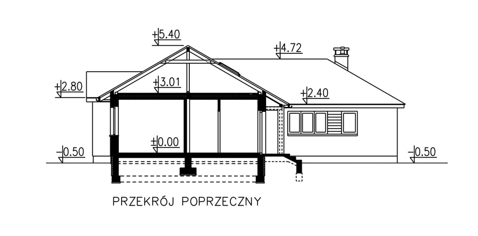 Przekrój domu jednorodzinnego BW-16 wariant 1 z garażem lub bez