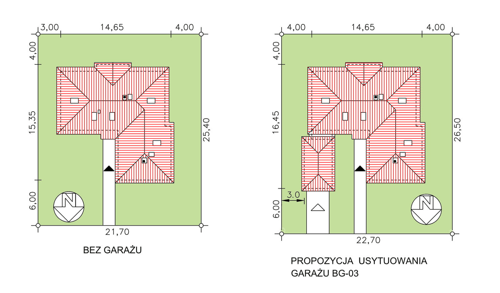 Rzuty usytuowania domu jednorodzinnego BW-16 wariant 1 z garażem lub bez
