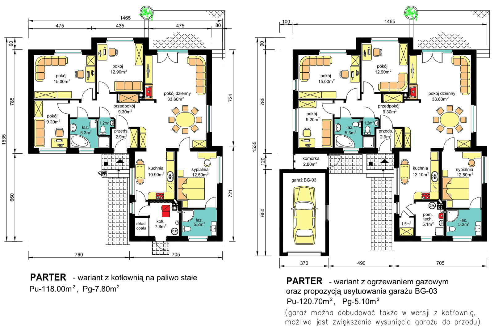 Rzuty parteru domu jednorodzinnego BW-16 wariant 1 z garażem lub bez