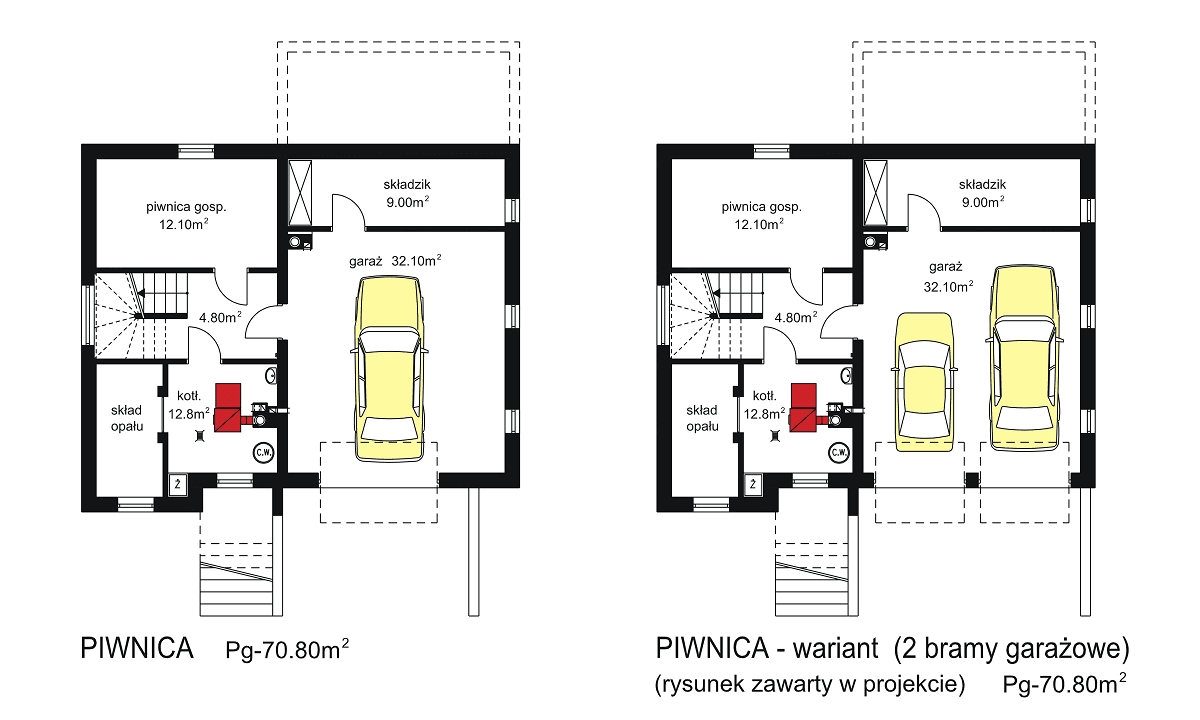 Rzuty piwnic domu jednorodzinnego BW-18 podpiwniczony