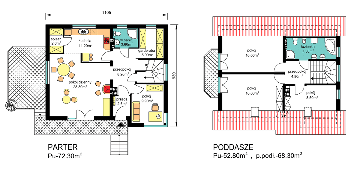 Rzuty parter/poddasze domu BW-19 podpiwniczony