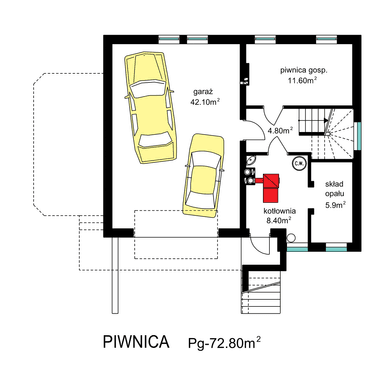 Rzut piwnicy domu jednorodzinnego BW-19 podpiwniczony