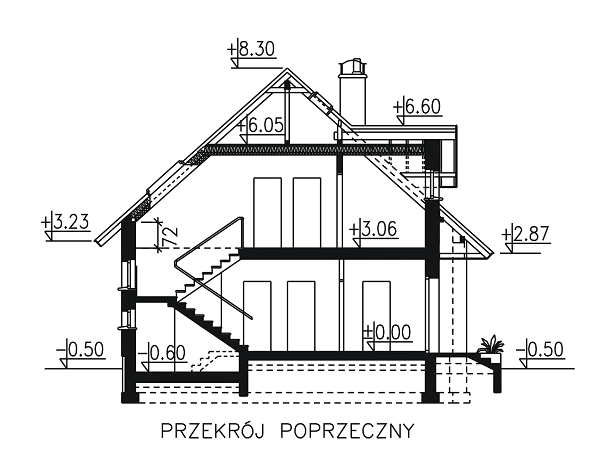 Przekrój budynku domu BW-24 z garażem