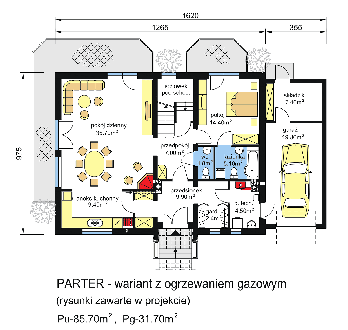 rzut parteru w opcji z ogrzewaniem gazowym projekt domu BW-24 z garażem