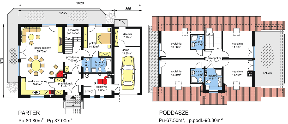 Rzut parteru w projekcie domu z tarasem nad garażem porjekt BW-24