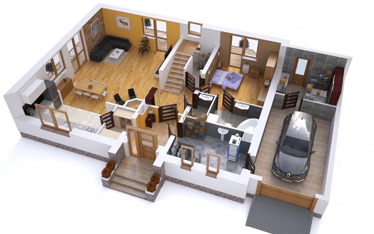 Widok 3D na rzut parteru domu BW-24 z garażem