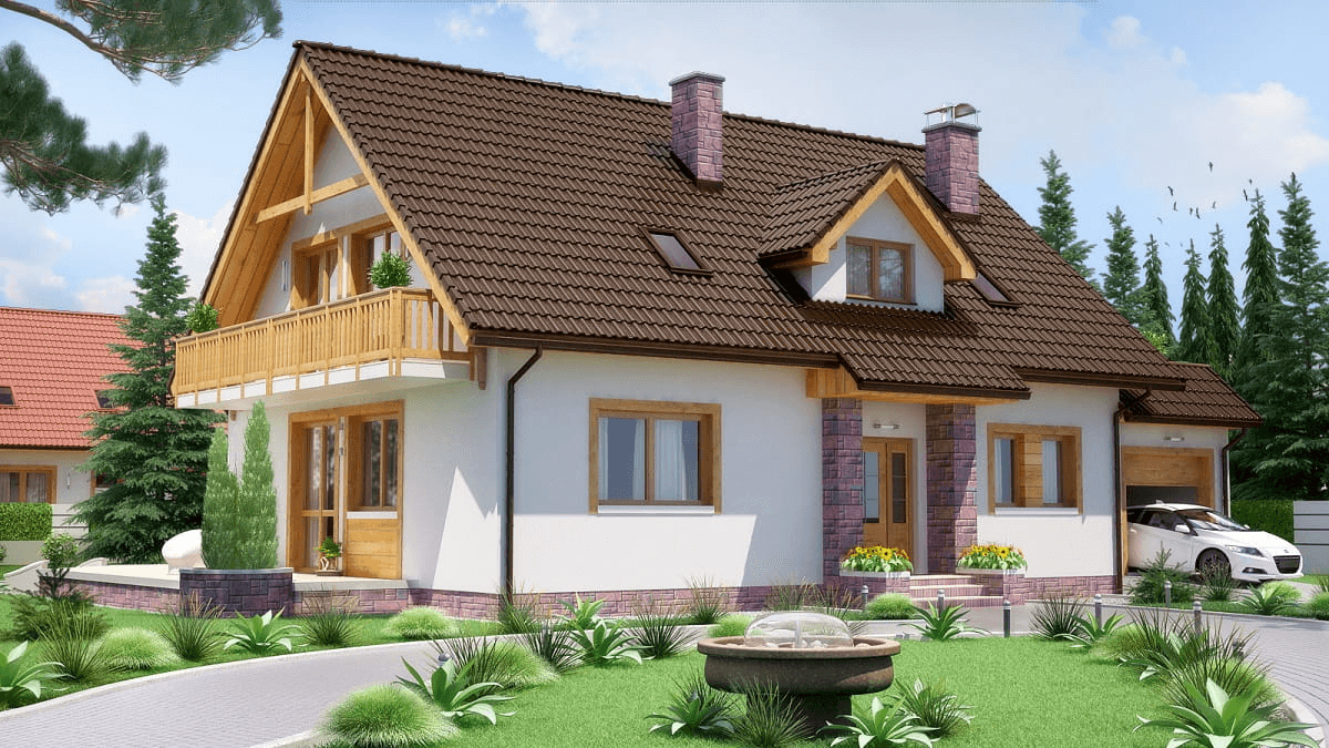 Widok na dom z poddaszem i tarasem nad garażem BW-24 z garażem