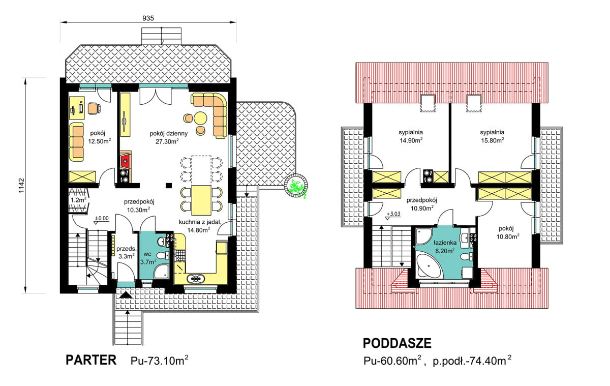 Rzuty parter/poddasze domu BW-32 wariant 1