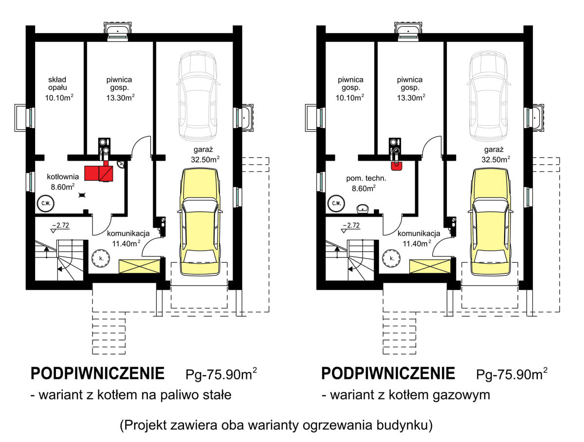 Rzuty podpiwniczenia domu jednorodzinnego BW-32 wariant 1