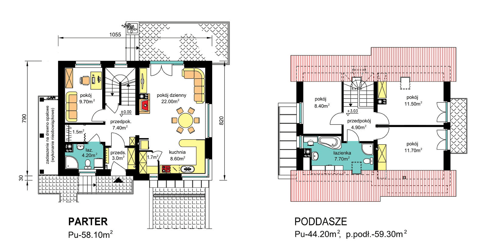 Rzuty parter/poddasze domu jednorodzinnego BW-36 wariant 11 podpiwniczony