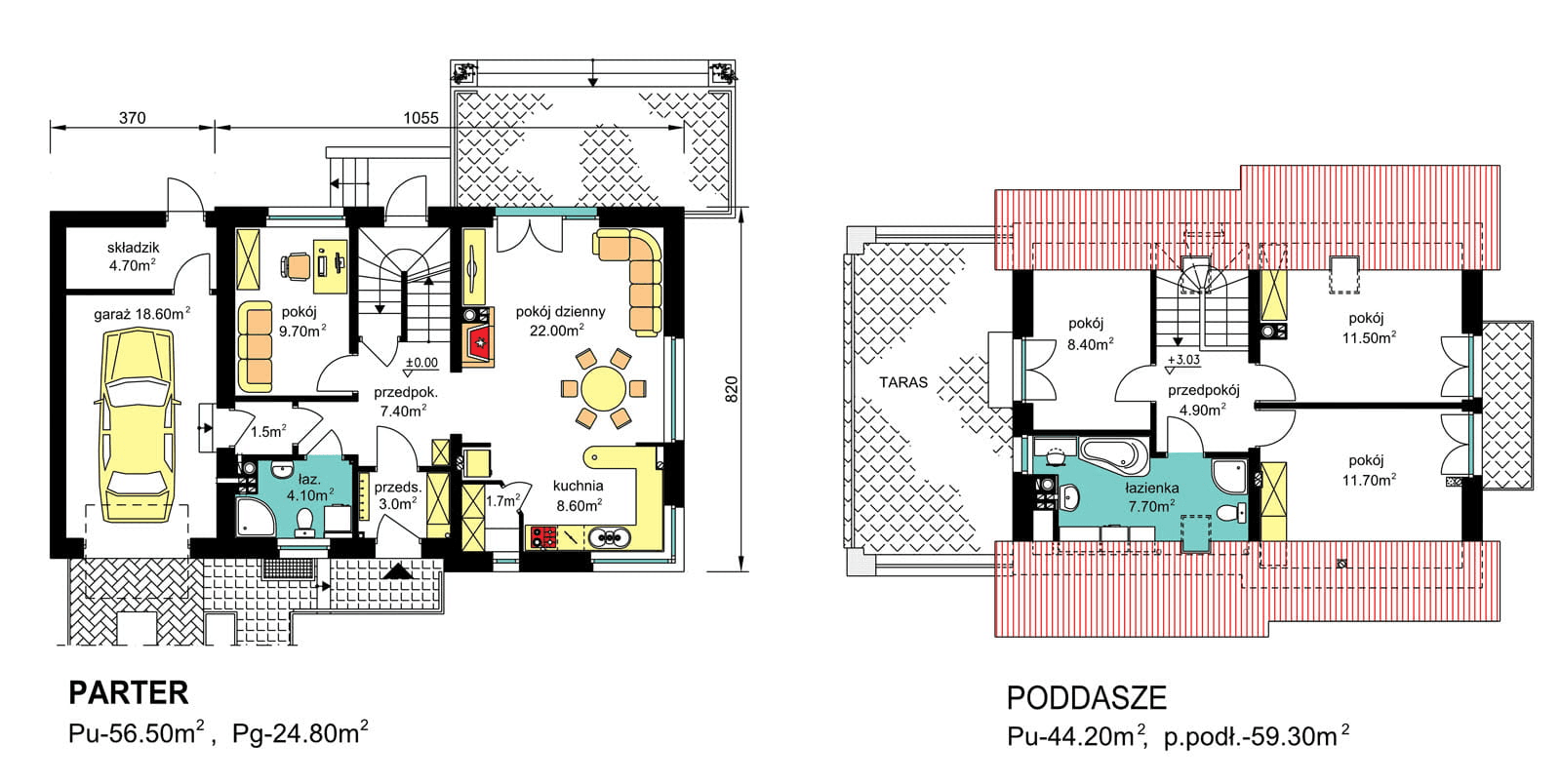 Rzuty parter/poddasze domu jednorodzinnego BS-36 wariant 12 podpiwnoczny