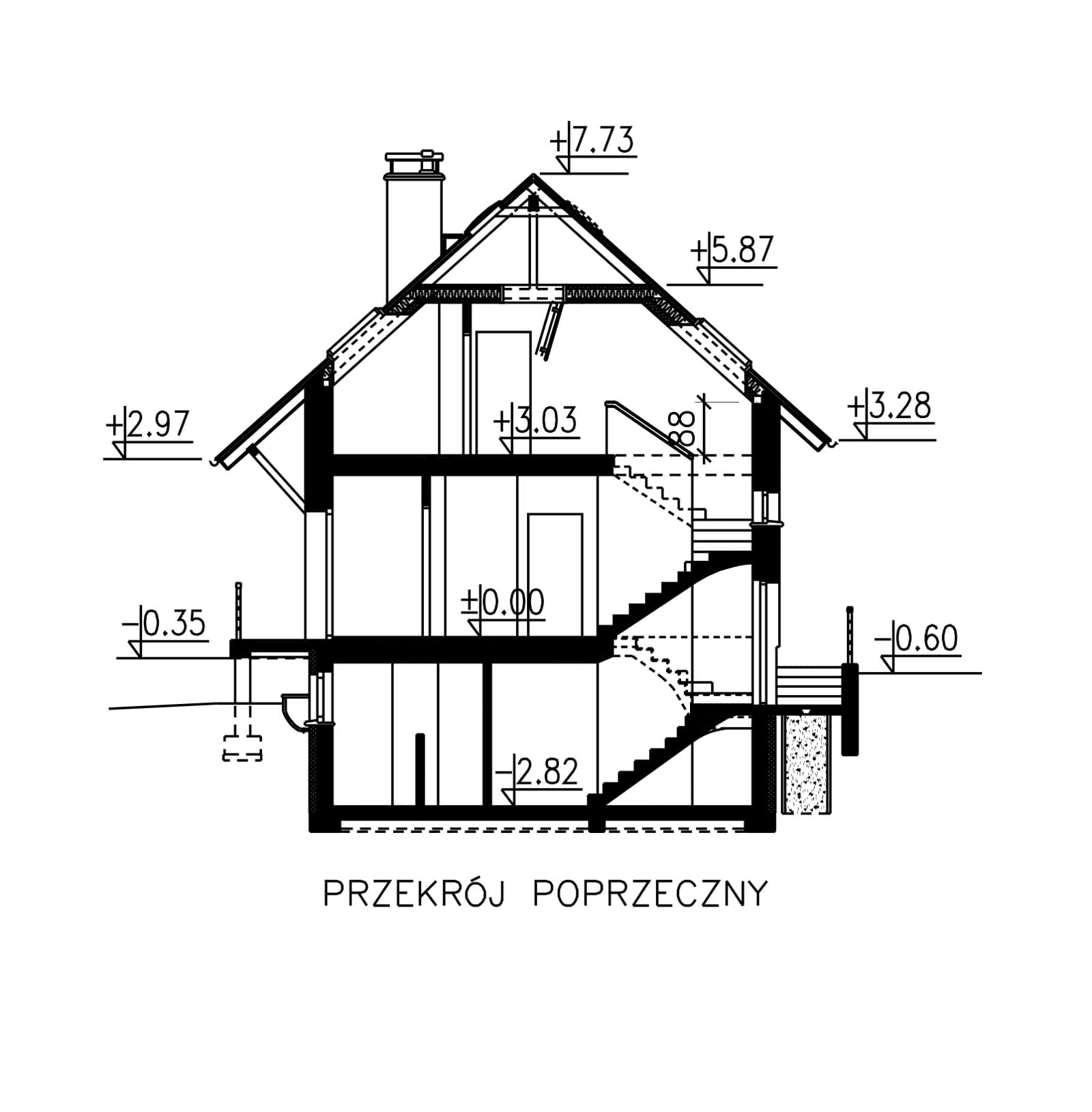 Przekrój domu jednorodzinnego BW-36 wariant 12 podpiwniczony