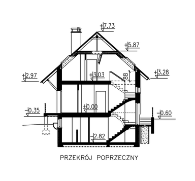 Przekrój domu jednorodzinnego BW-36 wariant 14 podpiwniczony