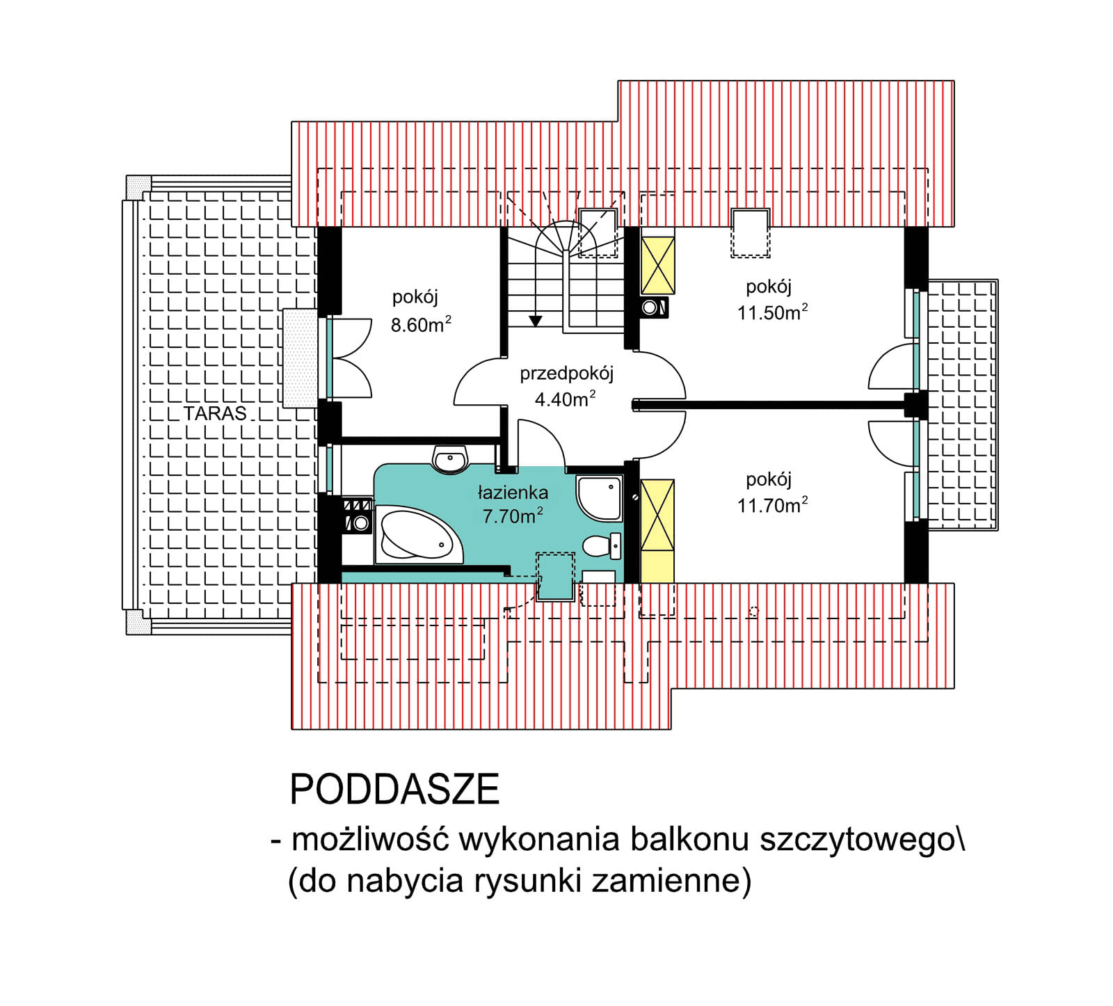 Rzut poddasza domu jednorodzinnego BW-36 wariant 2(FL) z możliwością wykonania balkonu szczytowego