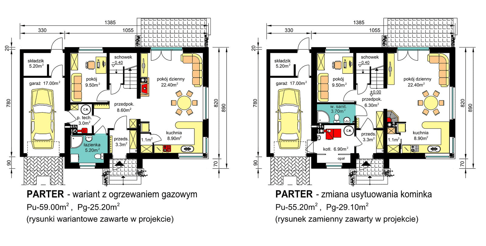 Rzuty parter/poddasze domu BW-36 wariant 2(FL) ogrzewanie gazowe