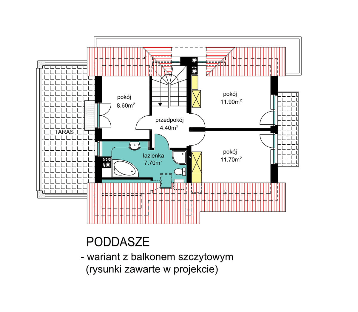 Rzut poddasza domu jednorodzinnego BW-36 wariant 6 z balkonem szczytowym