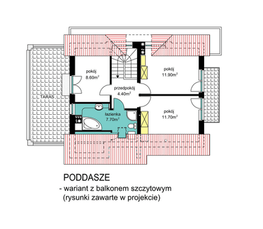 Rzut poddasza domu jednorodzinnego BW-36 wariant 6 z balkonem szczytowym