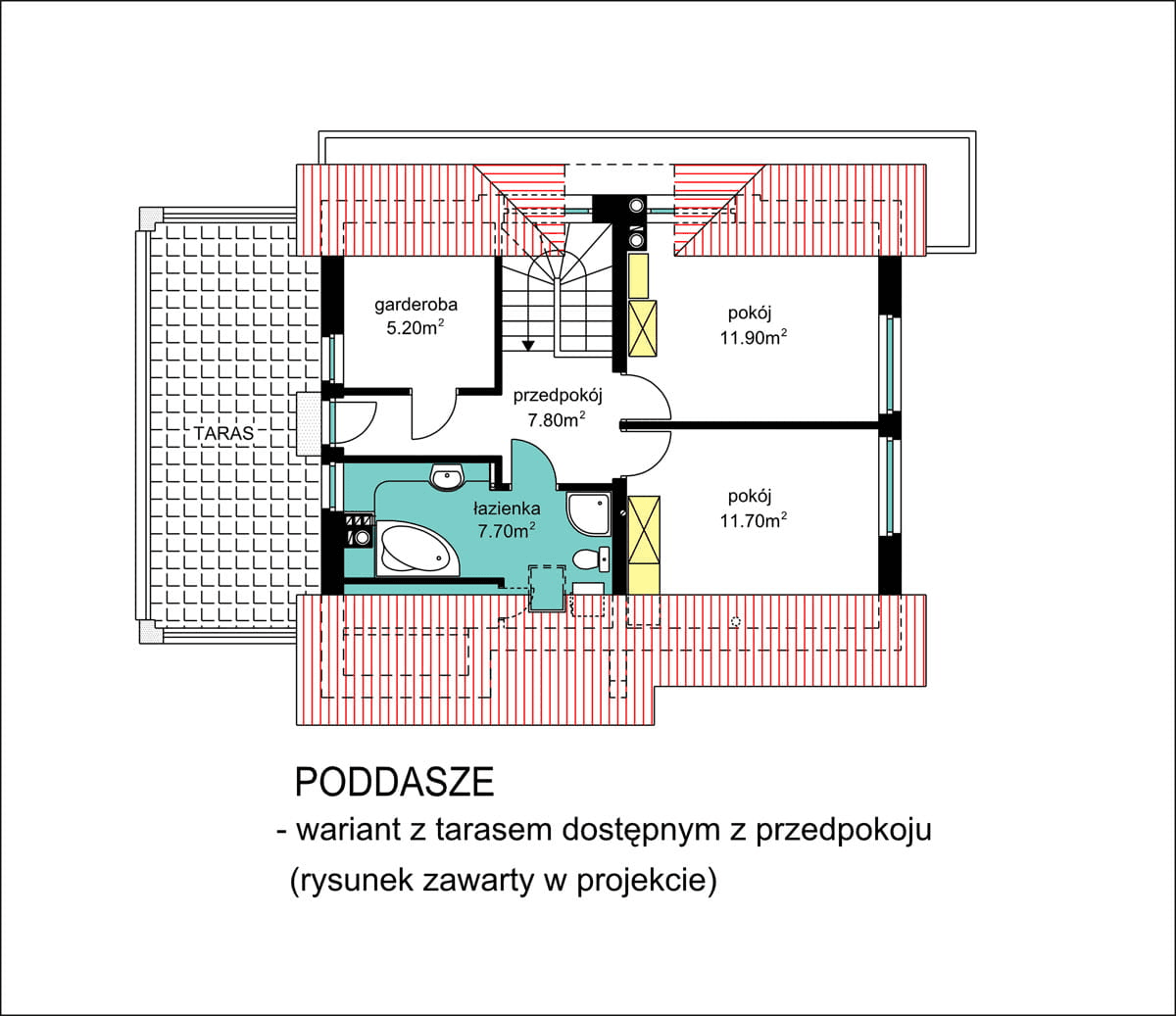 Rzut poddasza domu jednorodzinnego BW-36 wariant 6 z tarasem dostępnym z przedpokoju