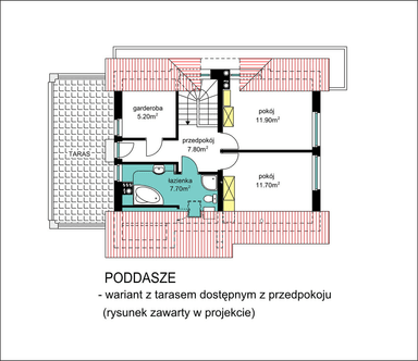 Rzut poddasza domu jednorodzinnego BW-36 wariant 6 z tarasem dostępnym z przedpokoju