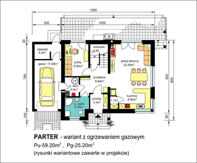 Rzut parteru domu jednorodzinnego BW-36 wariant 6 ogrzewanie gazowe
