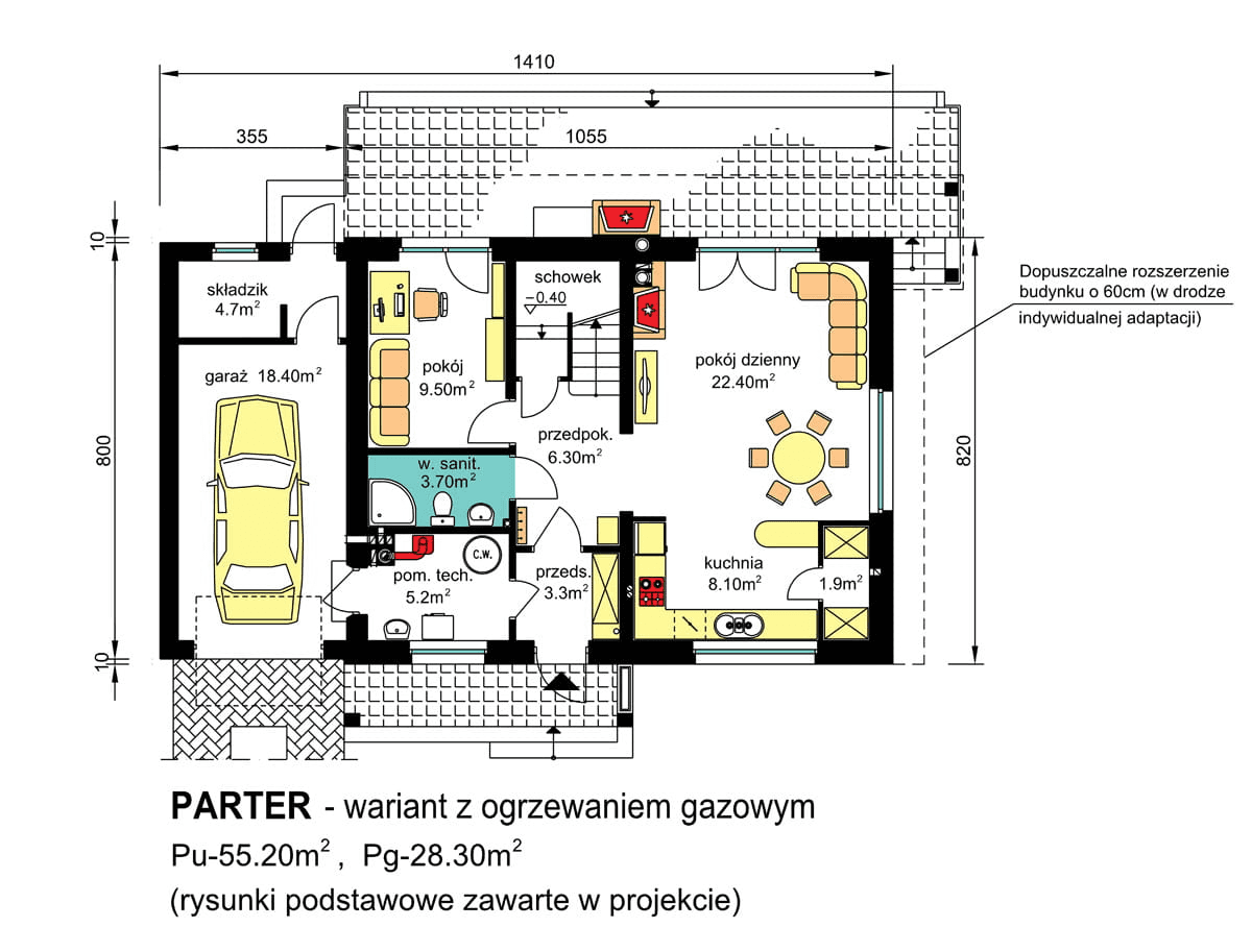 Rzut parteru domu jednorodzinnego BW-36 wariant 7