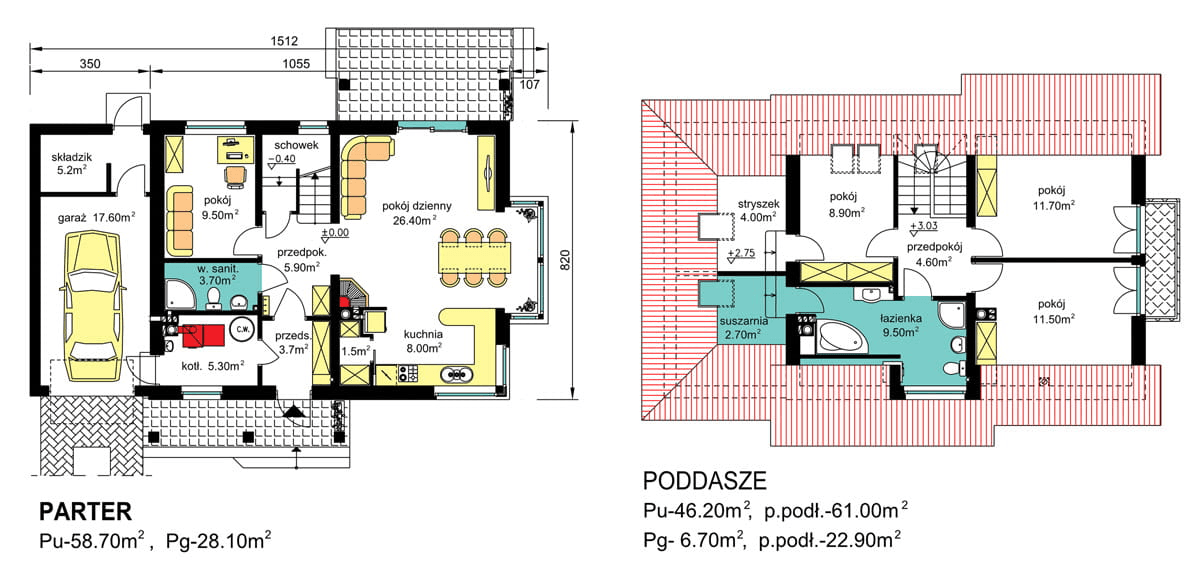 Rzuty parter/poddasze domu jednorodzinnego BW-36 wariant 8