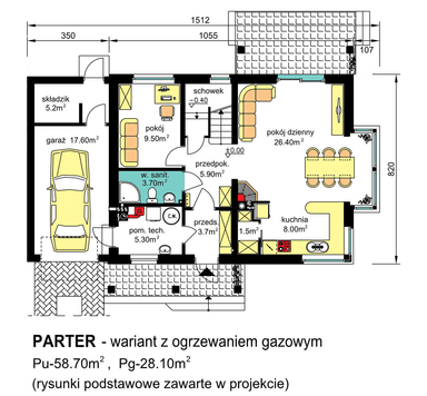 Rzut parteru domu jednorodzinnego BW-36 wariant 8 ogrzewanie gazowe