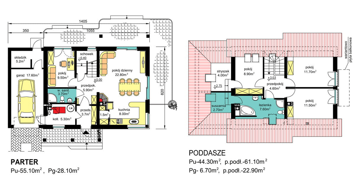 Rzuty parter/poddasze domu jednorodzinnego BW-36 wariant 9