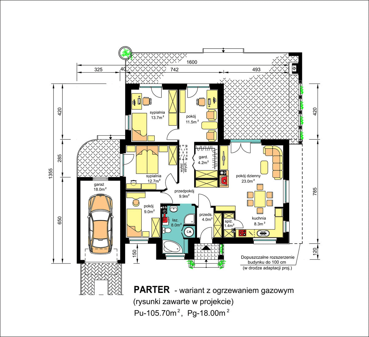 Rzut parteru domu jednorodzinnego BW-39 war.3 z garażem ogrzewanie gazowe