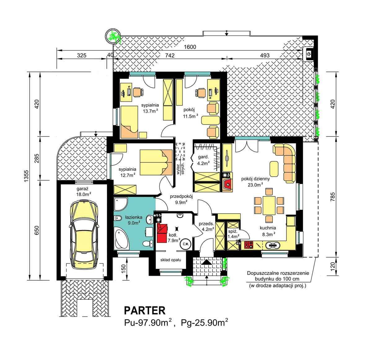 Rzut parteru domu jednorodzinnego BW-39 war.3 z garażem