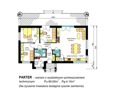 Rzut parteru domu jednorodzinnego BW-39 wariant 4 z wydzielonym pomieszczeniem technicznym