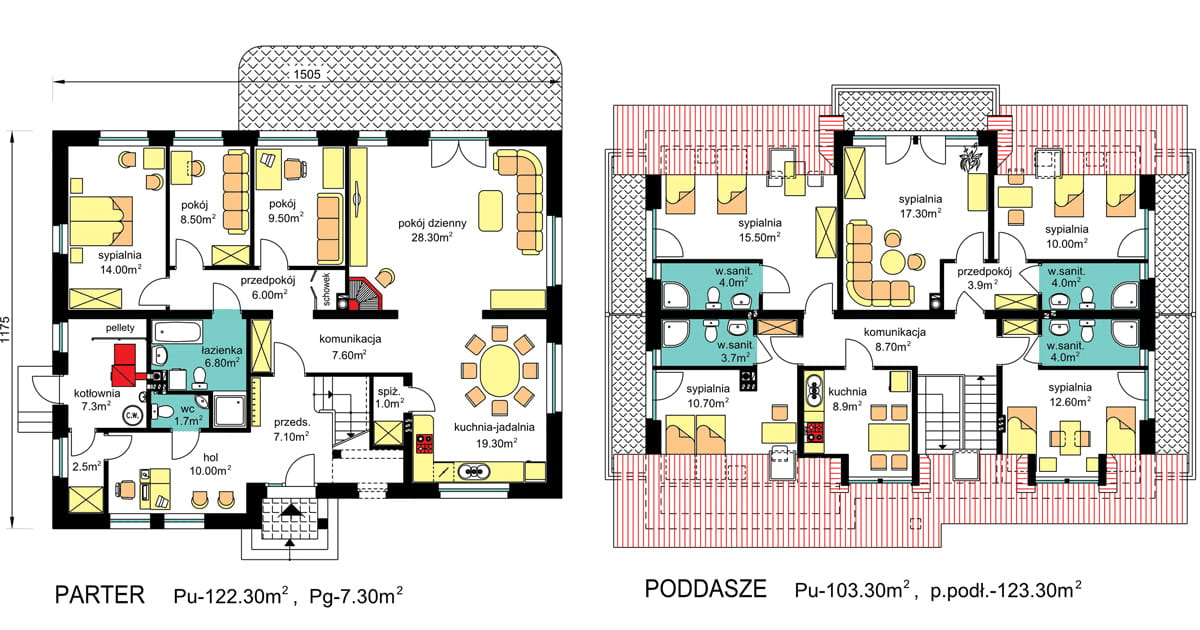 Rzuty parter/poddasze domu BW-45 wariant, agroturystyczne