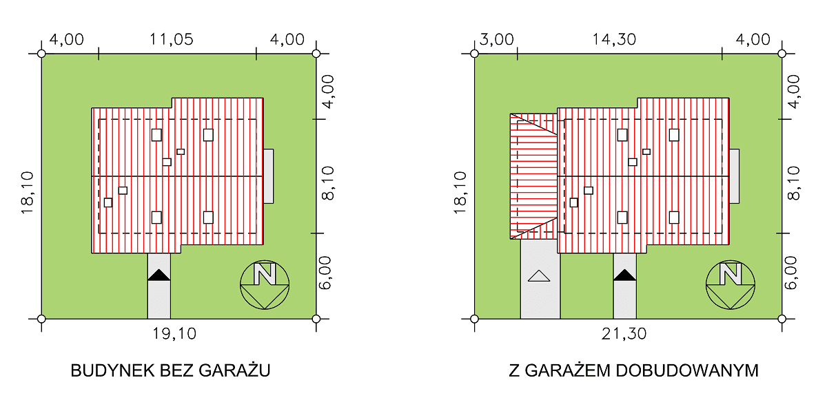 Rzuty usytuowania domu jednorodzinnego BW-49 wariant 3 z garażem lub bez