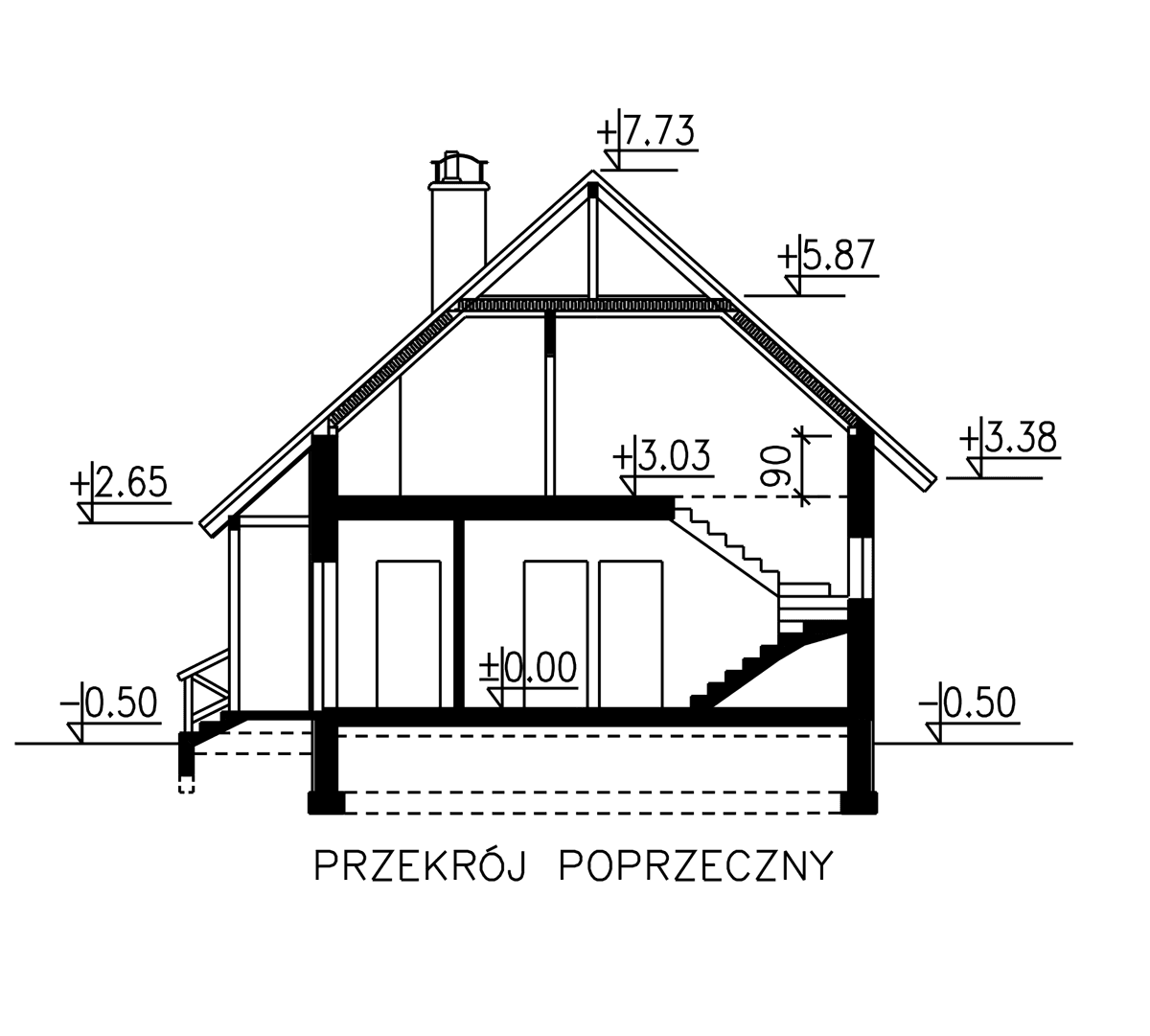 Przekrój domu jednorodzinnego BW-49 wariant 3 z garażem lub bez